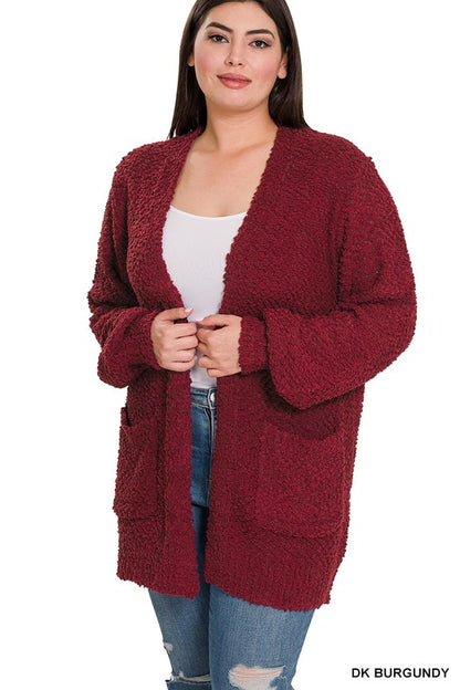 Plus Sleeve Popcorn Cardigan With Pockets