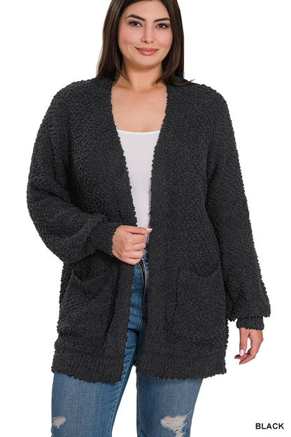 Plus Puff Sleeve Popcorn Cardigan With Pockets