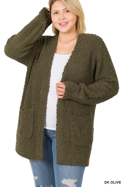 Plus Puff Sleeve Popcorn Cardigan With Pockets