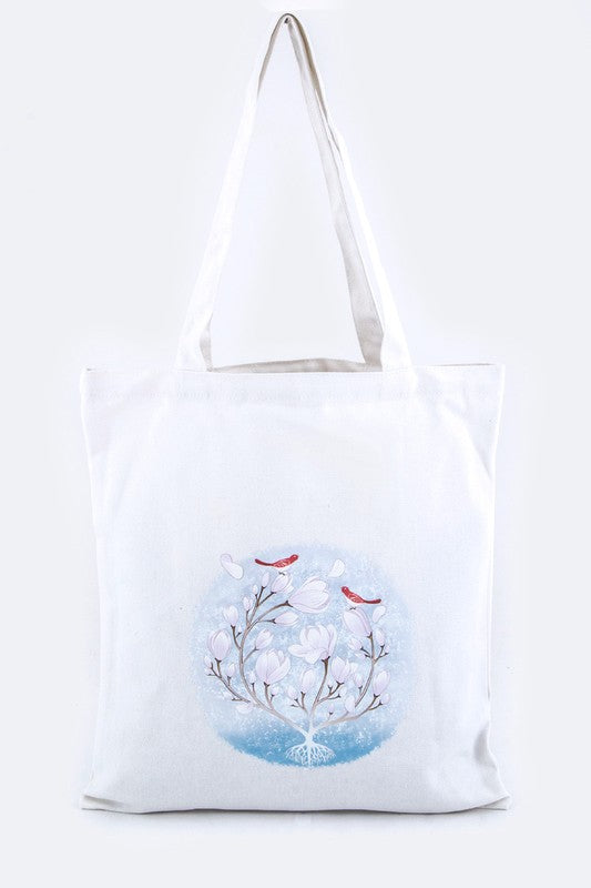 Birds & Flower Print Fashion Tote