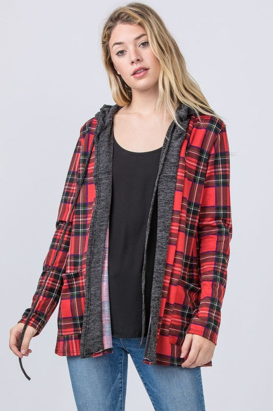 Hooded Plaid Trimmed Cardigan