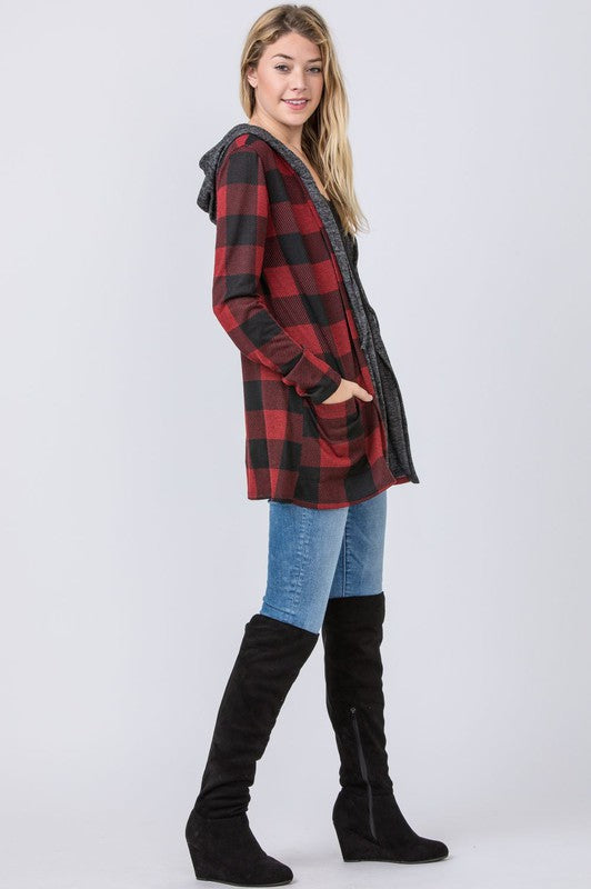 Plus Plaid Checker Print Cardigan with Hoodie