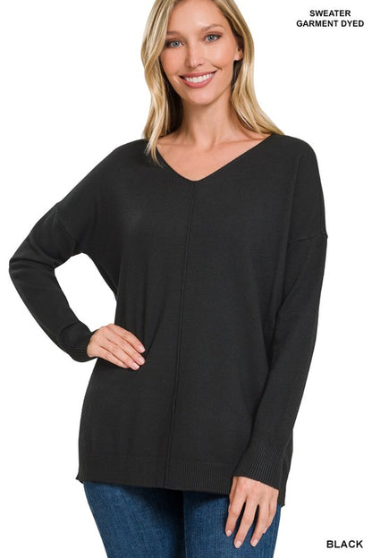 Hi-Low Garment Dyed V-Neck Front Seam Sweater