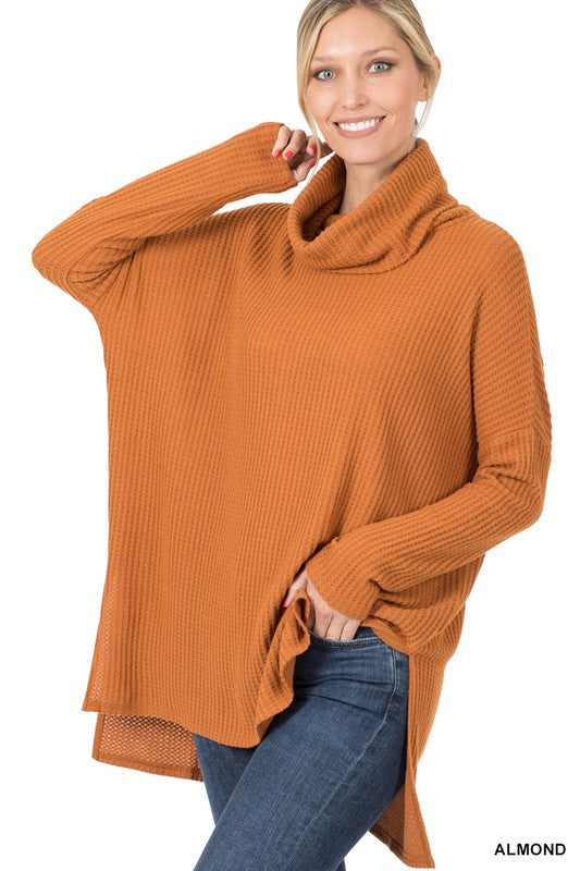 Brushed Thermal Waffle Cowl Neck Hi-Low Sweater