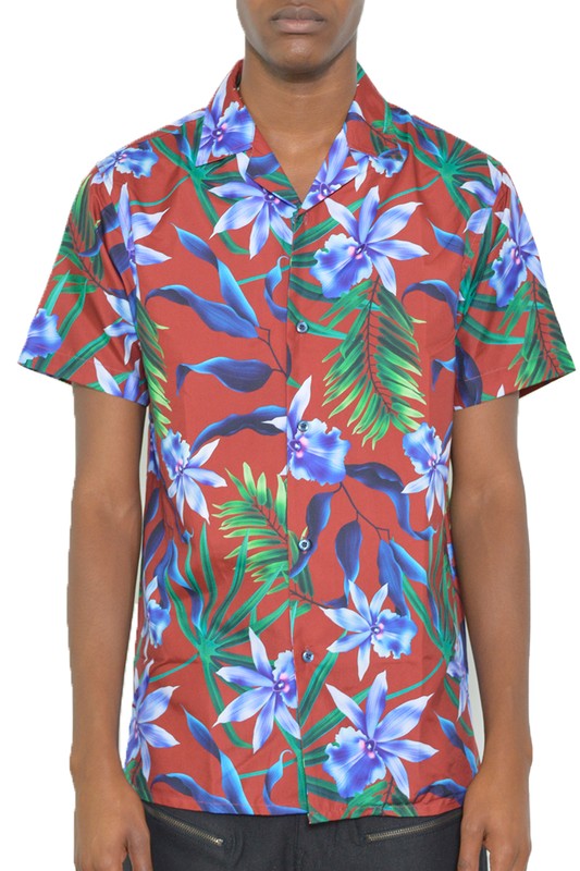 MENS TROPICAL RED BUTTON DOWN SHIRT PRINT