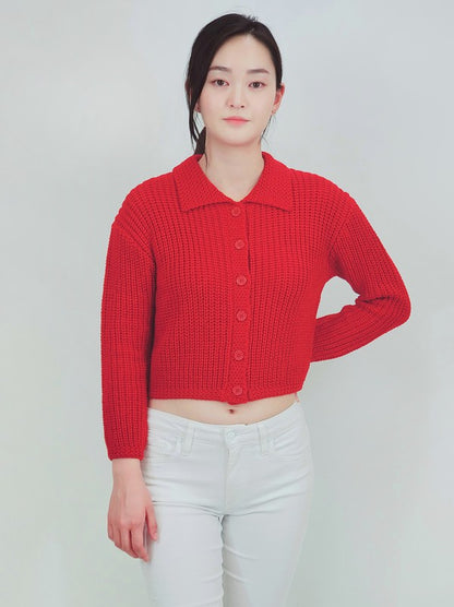 Button Down Vintage Crop Sweater Cardigan w/Collar