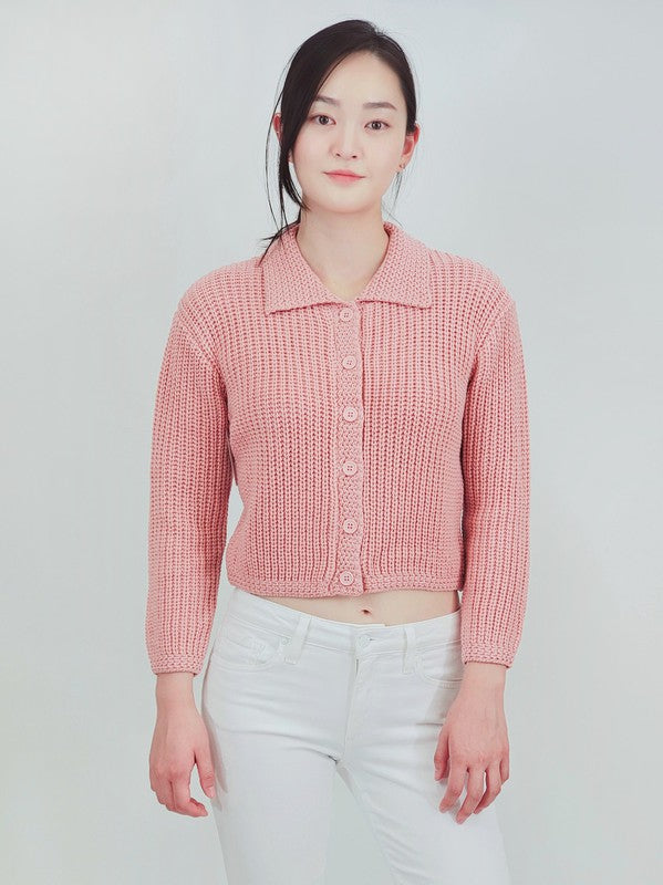 Button Down Vintage Crop Sweater Cardigan w/Collar