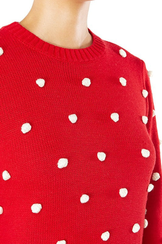 Pom Pom Crochet Polka Dot Round Neck Sweater Top