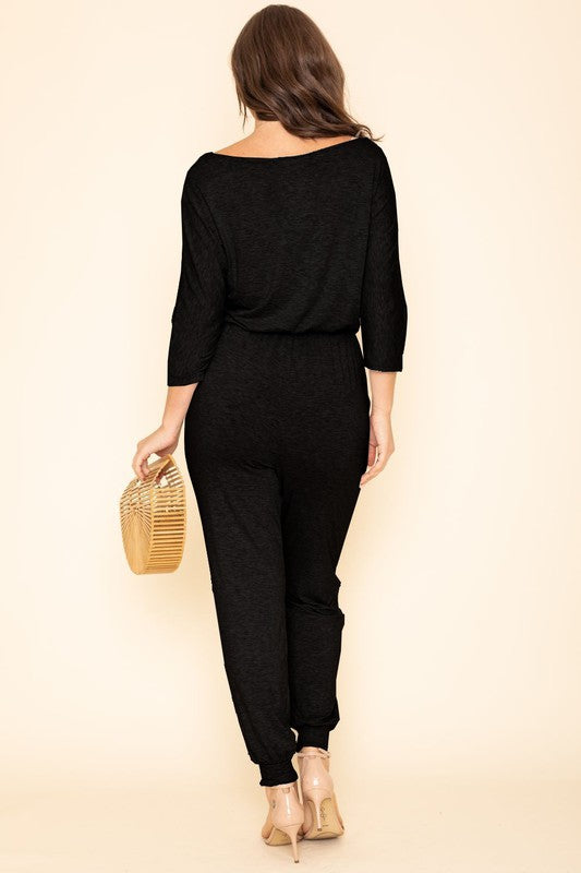 Plus Quarter Sleeve Boat Neck Blouson Jumpsuit