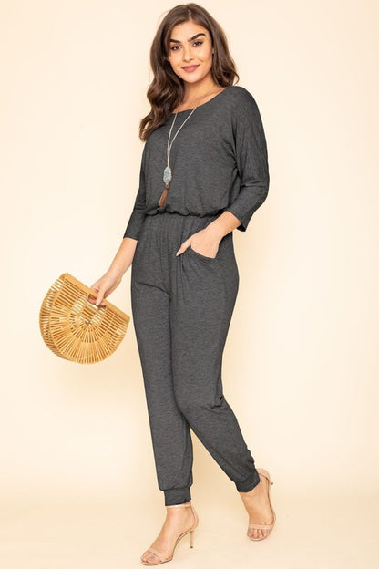 Quarter Sleeve Boat Neck Blouson Jumpsuit