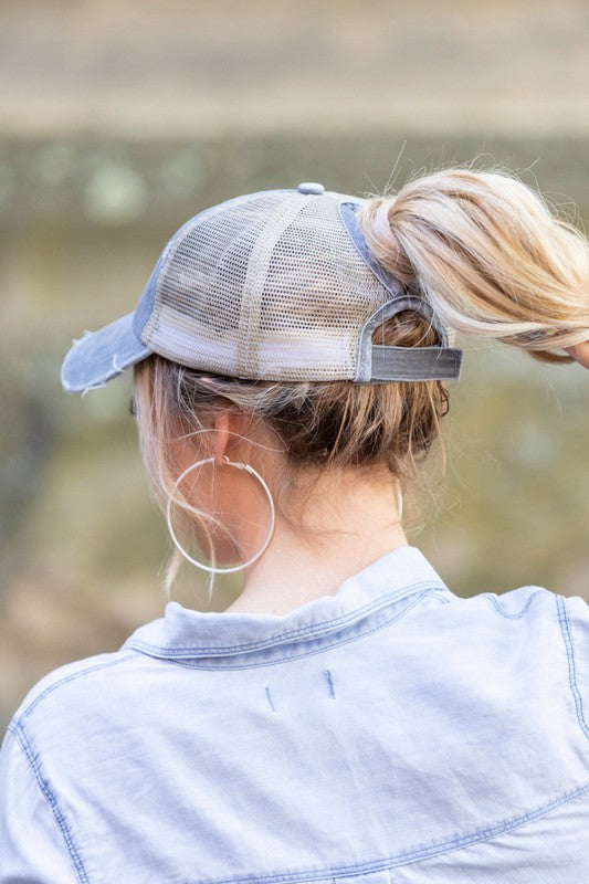 Distressed Messy Bun Hat Cap