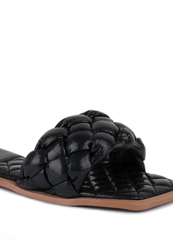 MARCUE PATENT PU QUILTED SLIDES IN WOVEN STRAPS