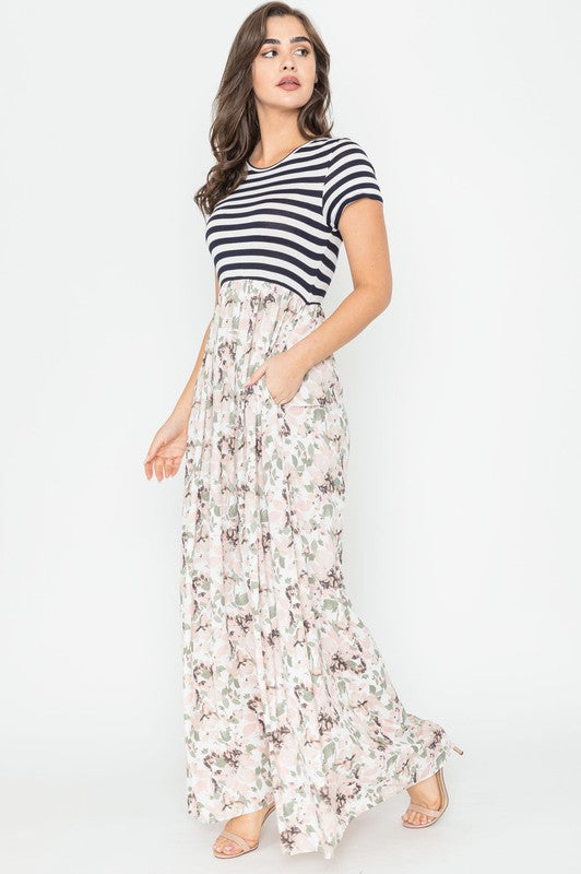 Stripe Summer Floral Maxi Dress