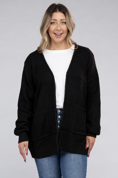 Plus Low Gauge Waffle Open Cardigan Sweater