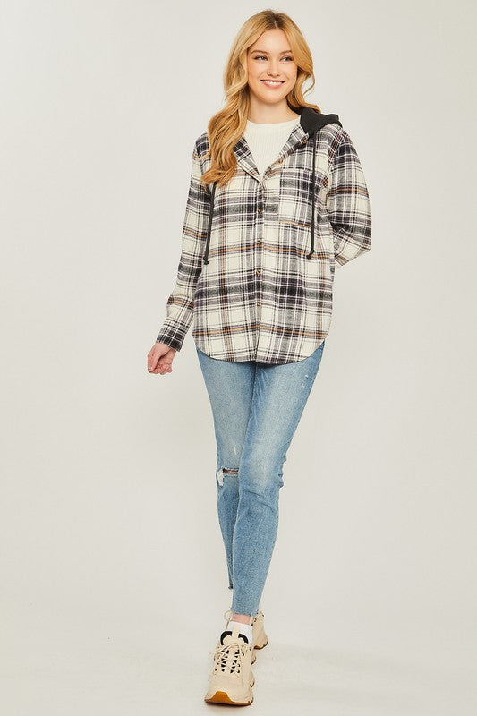 Plaid Flannel Button Up Shacket with Hood