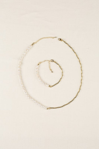 Natural pearl chain bracelet, necklace set - gold