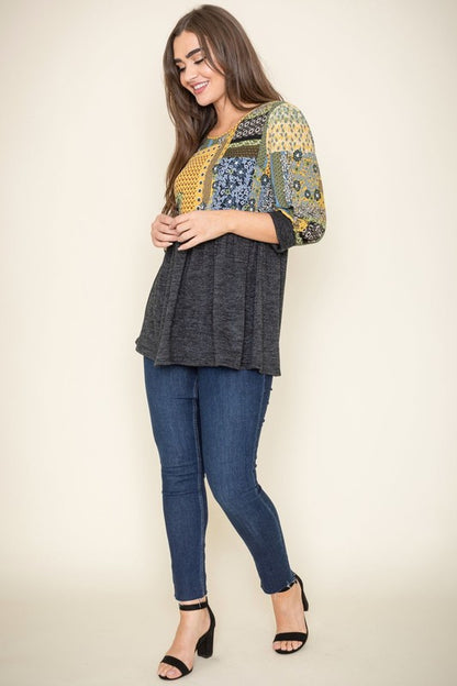 3/4 Sleeve Quilted Pattern Tunic