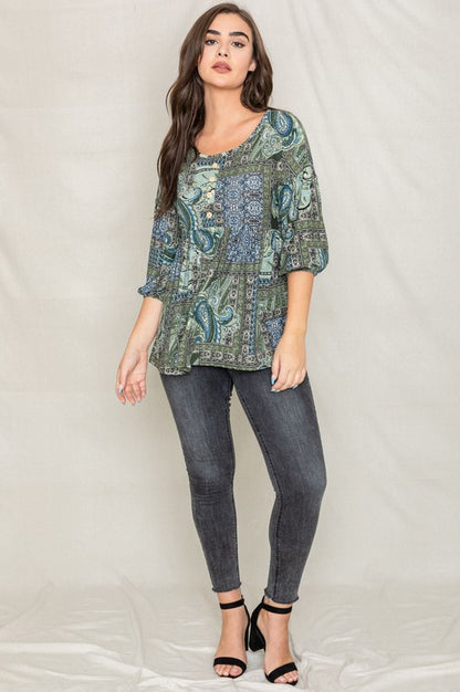 Plus Button Accent Paisley Top