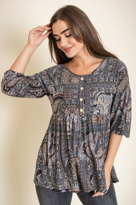 Button Accent Paisley Top