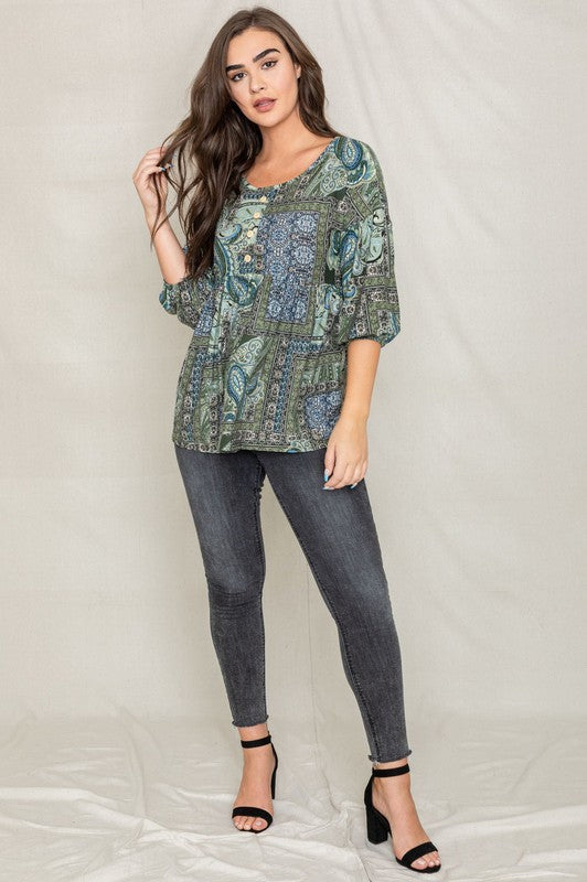 Plus Button Accent Paisley Top