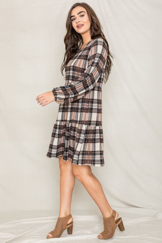 Plaid Balloon Sleeve Tiered Midi Dress