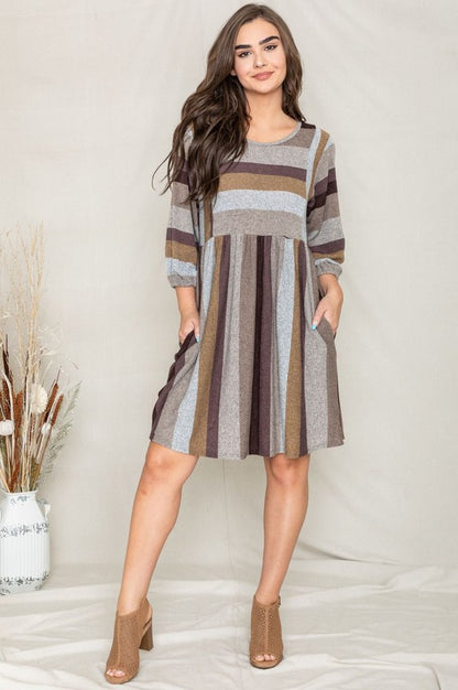 Mix Stripe Balloon Sleeve Midi Dress