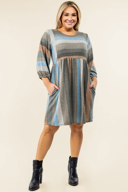 Mix Stripe Balloon Sleeve Midi Dress