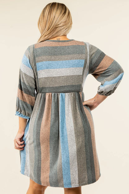 Mix Stripe Balloon Sleeve Midi Dress