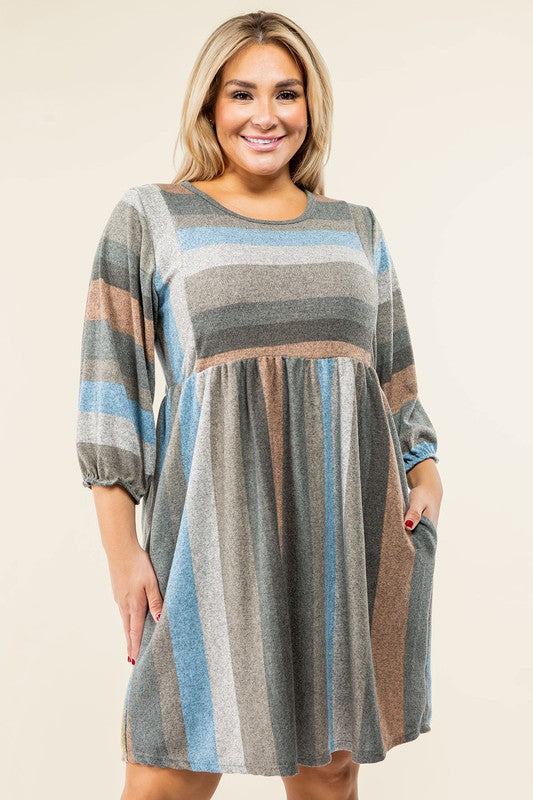 Mix Stripe Balloon Sleeve Midi Dress