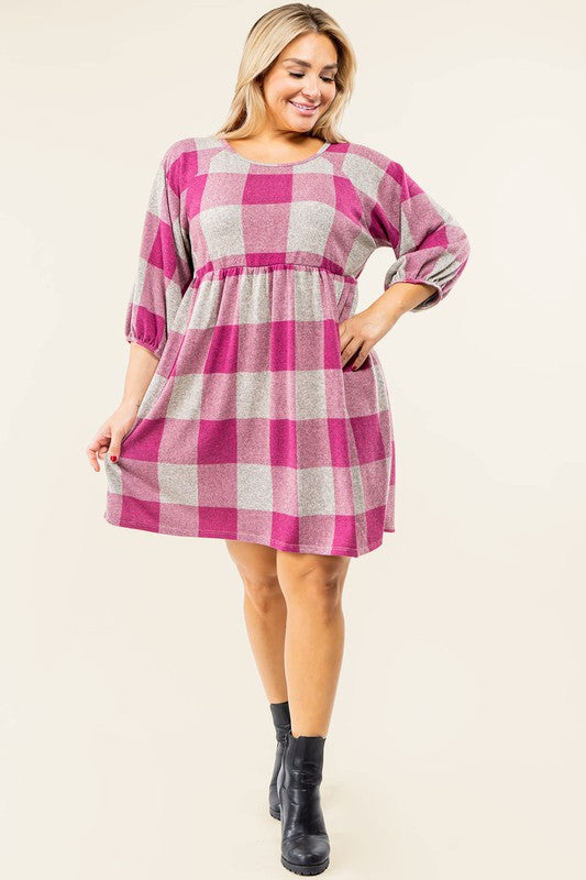 Checker Balloon Sleeve Midi Dress