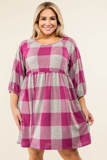 Checker Balloon Sleeve Midi Dress