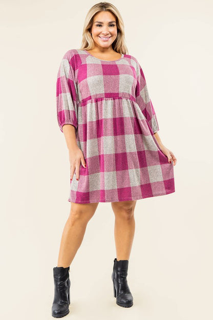 Checker Balloon Sleeve Midi Dress