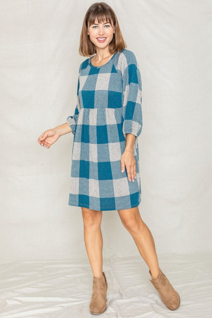 Checker Balloon Sleeve Midi Dress