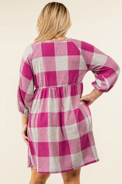 Checker Balloon Sleeve Midi Dress