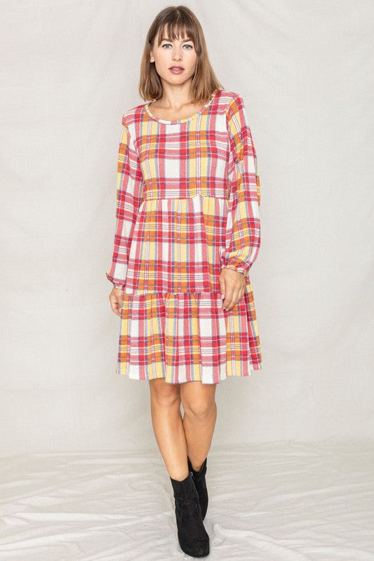 Plaid Balloon Sleeve Tiered Midi Dress