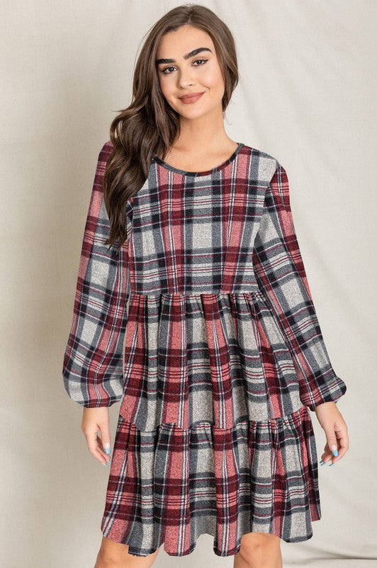 Plaid Balloon Sleeve Tiered Midi Dress