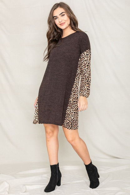 Plus Bishop Sleeve Leopard Print Color Block Dress