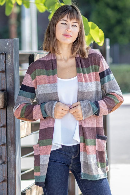 Plus Suede Elbow Patch Open Cardigan with Pockets