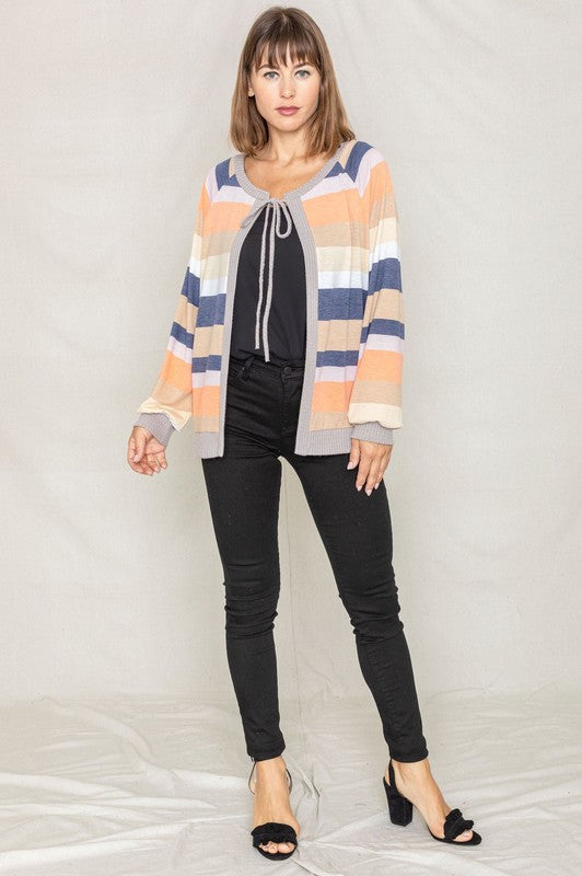 Multi Color Stripe Waffle Trim Open Cardigan