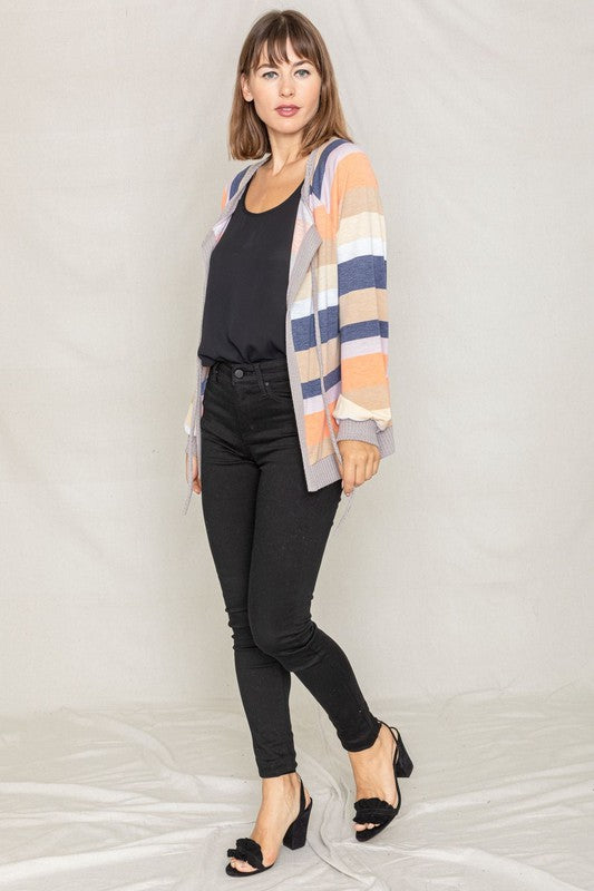 Multi Color Stripe Waffle Trim Open Cardigan