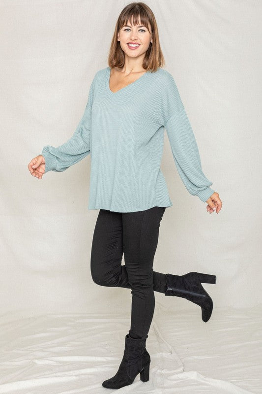 Balloon Sleeve V Neck Top