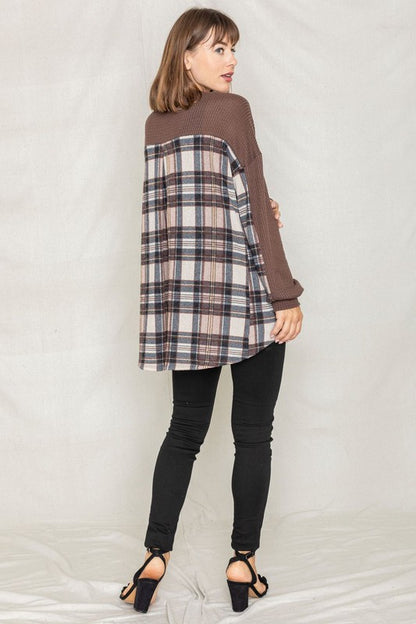 Plaid Back Waffle Knit  Cardigan