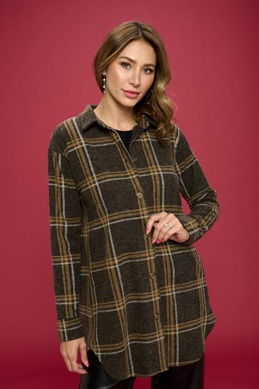 Plaid Print Flannel Top with Hi-Lo Hem.