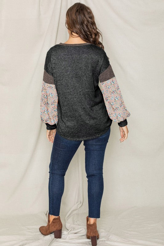 Floral Bishop Sleeve Color Block Tunic