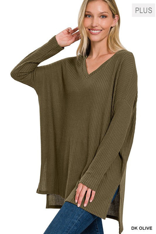 The Plus Brushed Thermal Waffle V-Neck Sweater