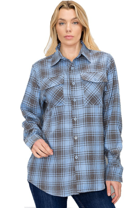 Boyfriend Fit Checker Plaid Flannel Long Sleeve