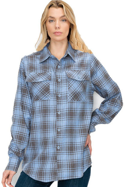 Boyfriend Fit Checker Plaid Flannel Long Sleeve