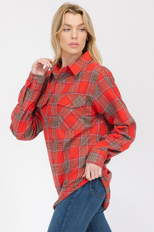 Boyfriend Fit Checker Plaid Flannel Long Sleeve