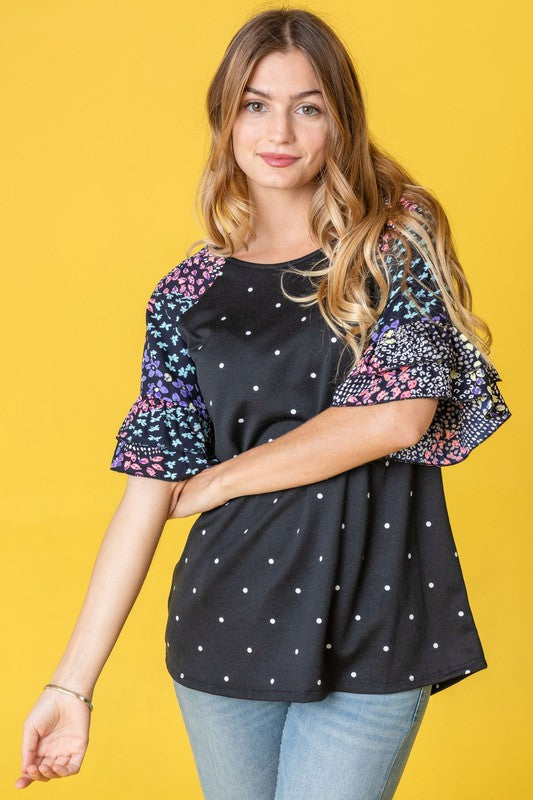 Polka Dot Print Ruffle Sleeve Top