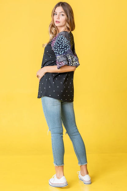 Polka Dot Print Ruffle Sleeve Top